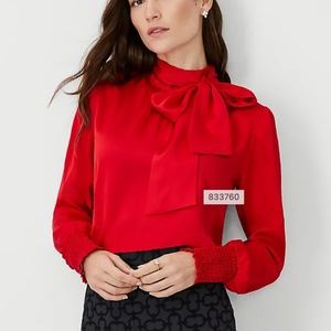 Ann Taylor Smocked Cuff Bow Blouse, Jubilee Red, Large, NWT